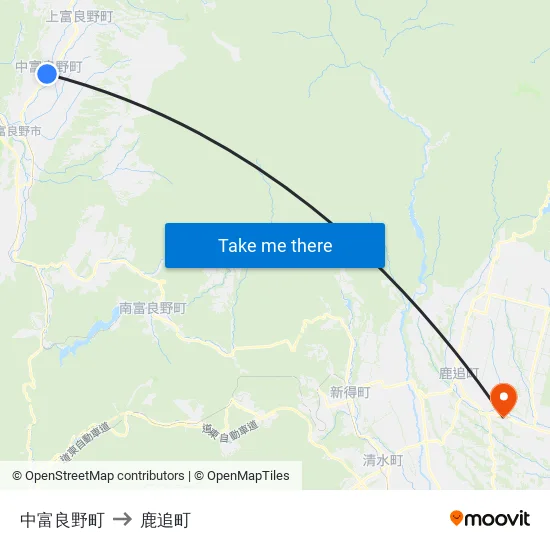 中富良野町 to 鹿追町 map