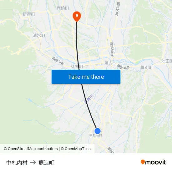 中札内村 to 鹿追町 map