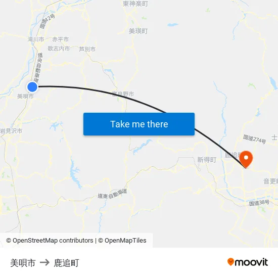美唄市 to 鹿追町 map