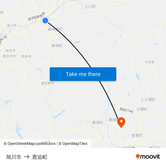 旭川市 to 鹿追町 map