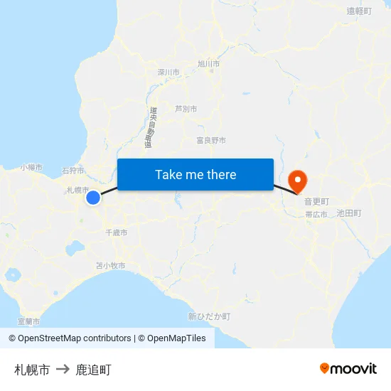 札幌市 to 鹿追町 map