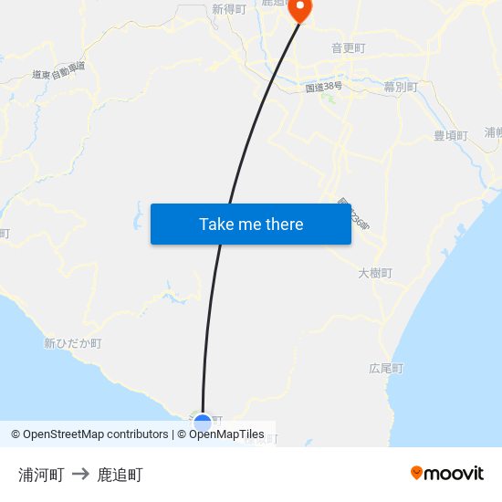 浦河町 to 鹿追町 map