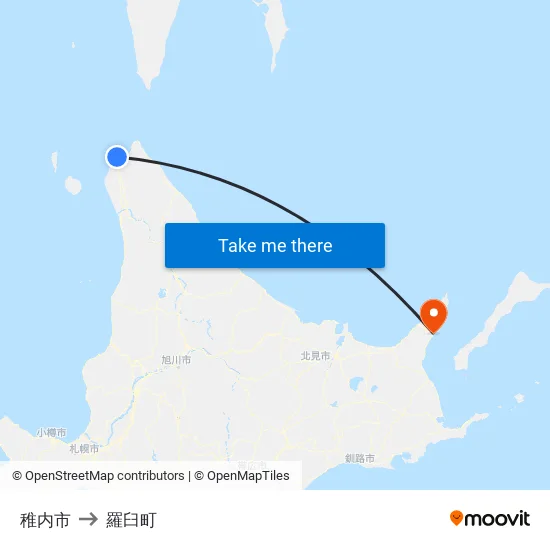稚内市 to 羅臼町 map