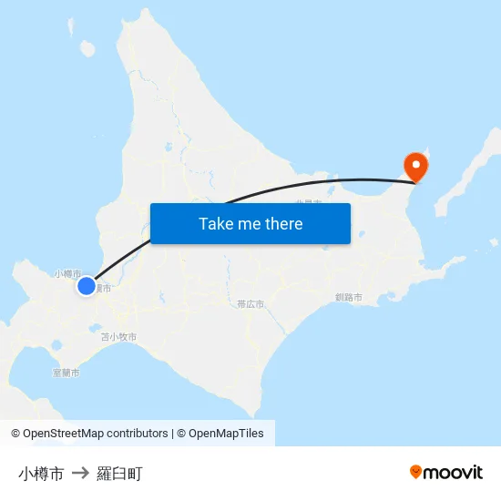 小樽市 to 羅臼町 map