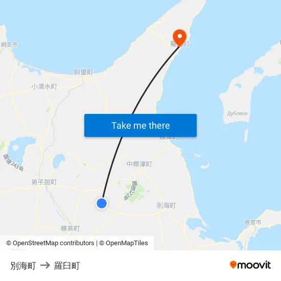 別海町 to 羅臼町 map