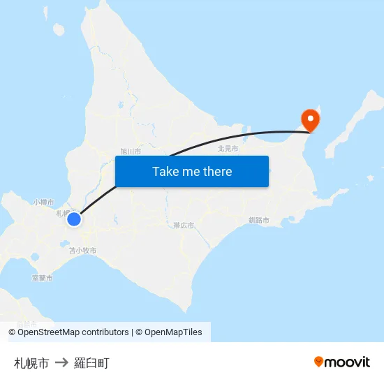 札幌市 to 羅臼町 map