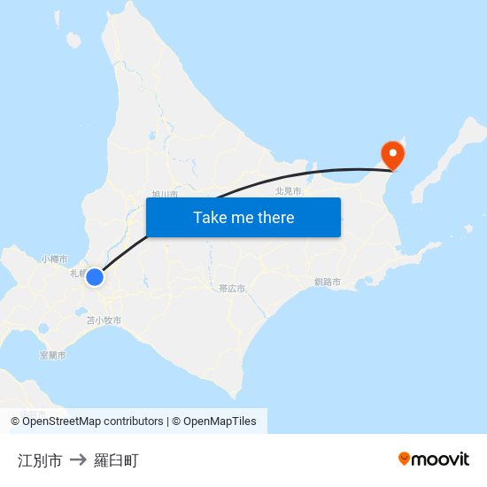 江別市 to 羅臼町 map