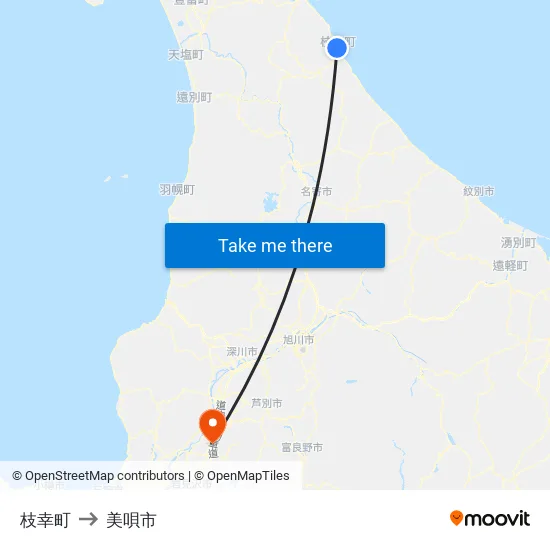 枝幸町 to 美唄市 map
