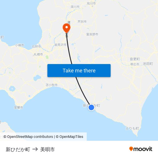 新ひだか町 to 美唄市 map