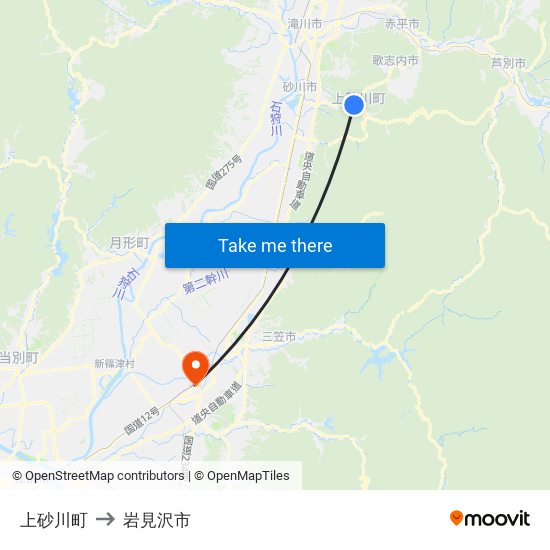 上砂川町 to 岩見沢市 map