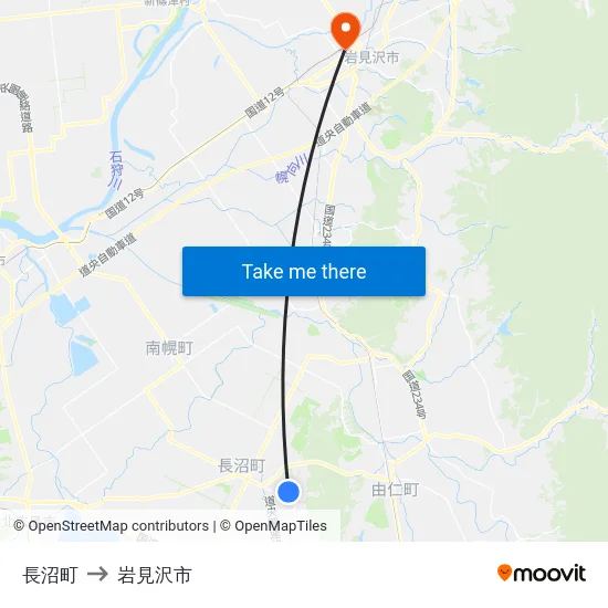 長沼町 to 岩見沢市 map