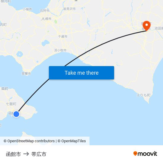 函館市 to 帯広市 map