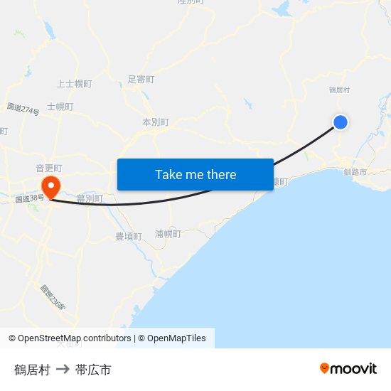 鶴居村 to 帯広市 map