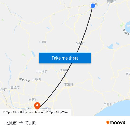 北見市 to 幕別町 map