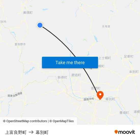 上富良野町 to 幕別町 map