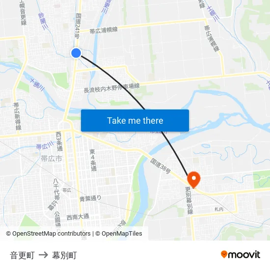 音更町 to 幕別町 map