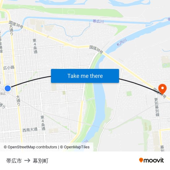 帯広市 to 幕別町 map