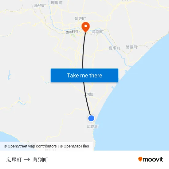 広尾町 to 幕別町 map