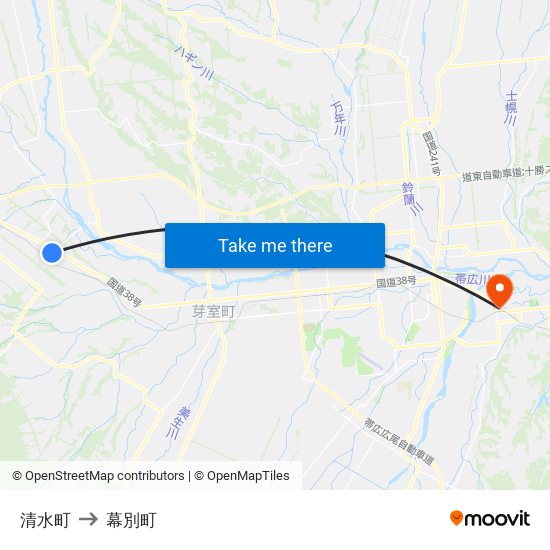 清水町 to 幕別町 map