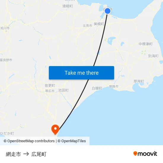 網走市 to 広尾町 map
