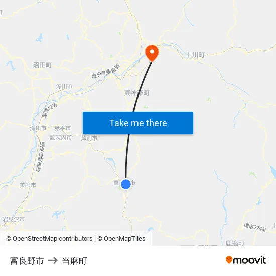 富良野市 to 当麻町 map