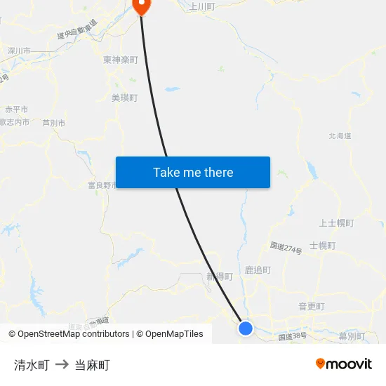 清水町 to 当麻町 map
