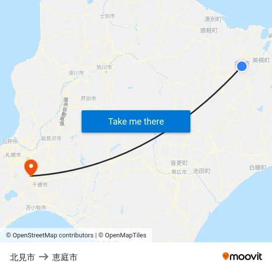 北見市 to 恵庭市 map