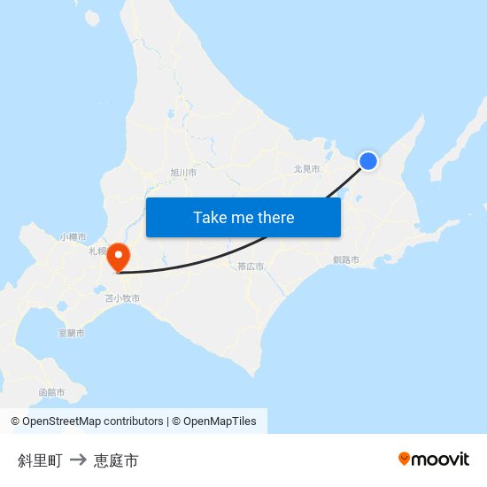 斜里町 to 恵庭市 map