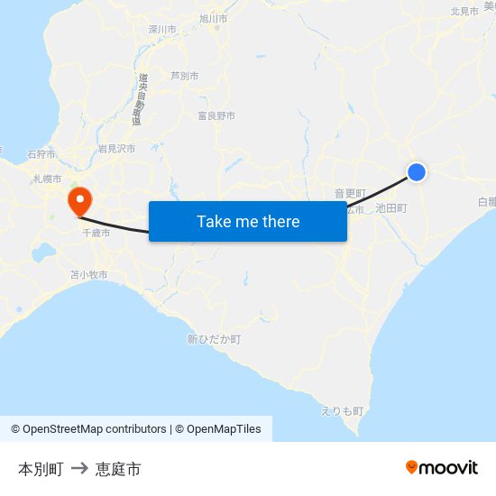 本別町 to 恵庭市 map