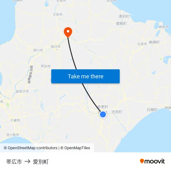 帯広市 to 愛別町 map