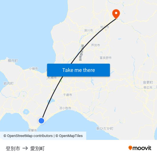 登別市 to 愛別町 map