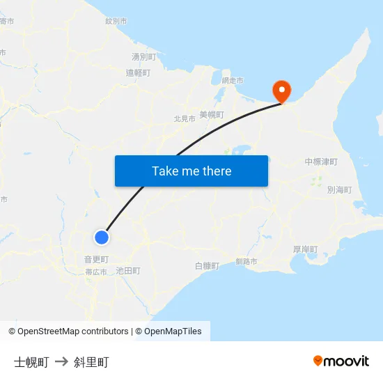 士幌町 to 斜里町 map