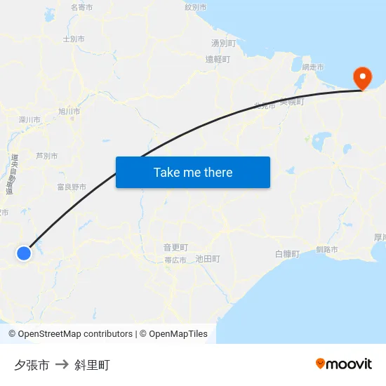 夕張市 to 斜里町 map