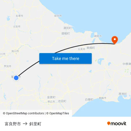 富良野市 to 斜里町 map