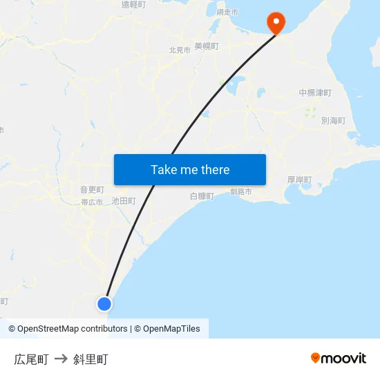 広尾町 to 斜里町 map