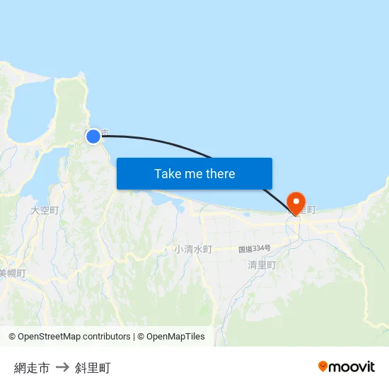 網走市 to 斜里町 map