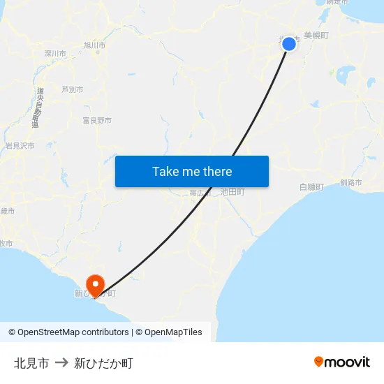 北見市 to 新ひだか町 map
