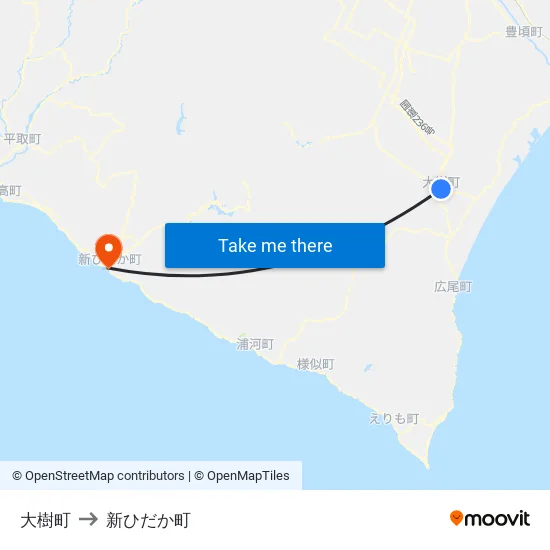 大樹町 to 新ひだか町 map