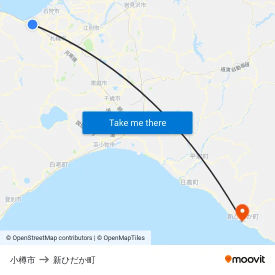 小樽市 to 新ひだか町 map