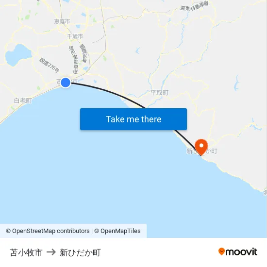苫小牧市 to 新ひだか町 map