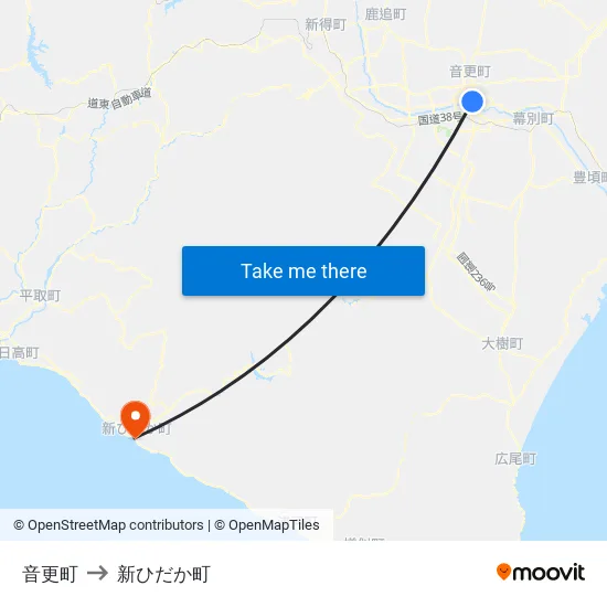 音更町 to 新ひだか町 map