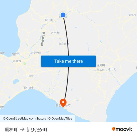 鷹栖町 to 新ひだか町 map