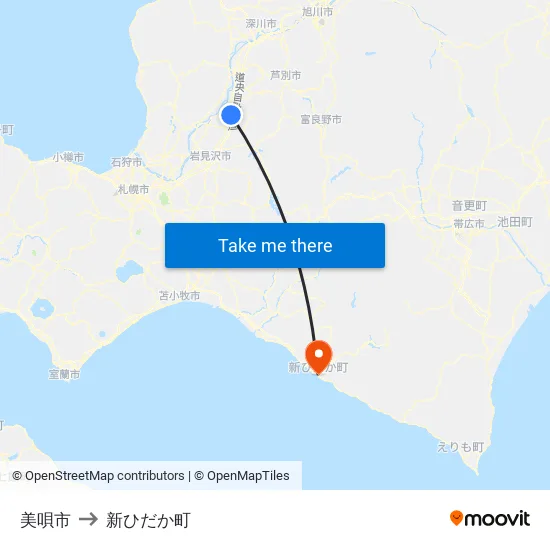美唄市 to 新ひだか町 map