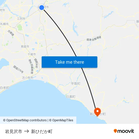 岩見沢市 to 新ひだか町 map