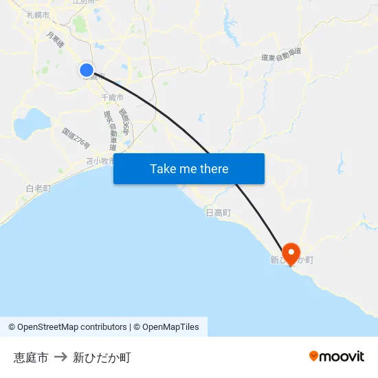 恵庭市 to 新ひだか町 map