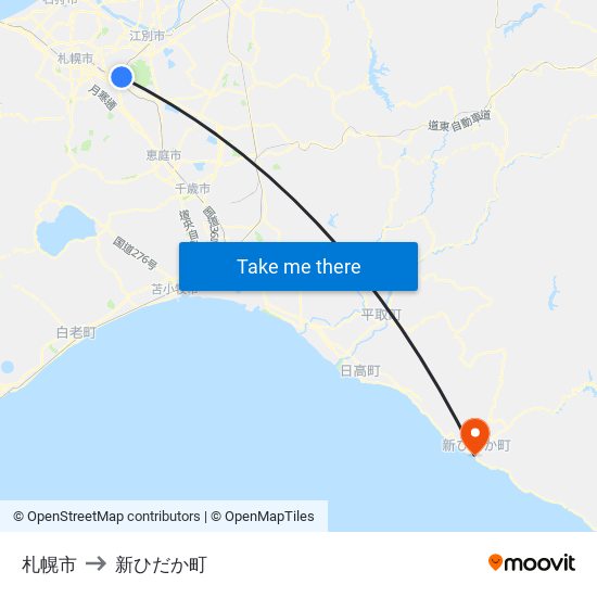 札幌市 to 新ひだか町 map