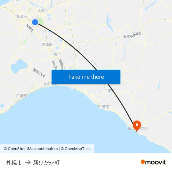 札幌市 to 新ひだか町 map