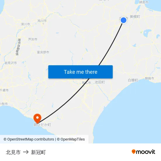 北見市 to 新冠町 map