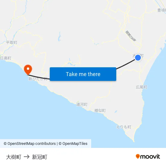 大樹町 to 新冠町 map