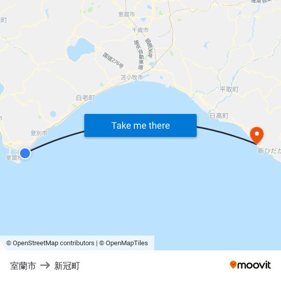 室蘭市 to 新冠町 map